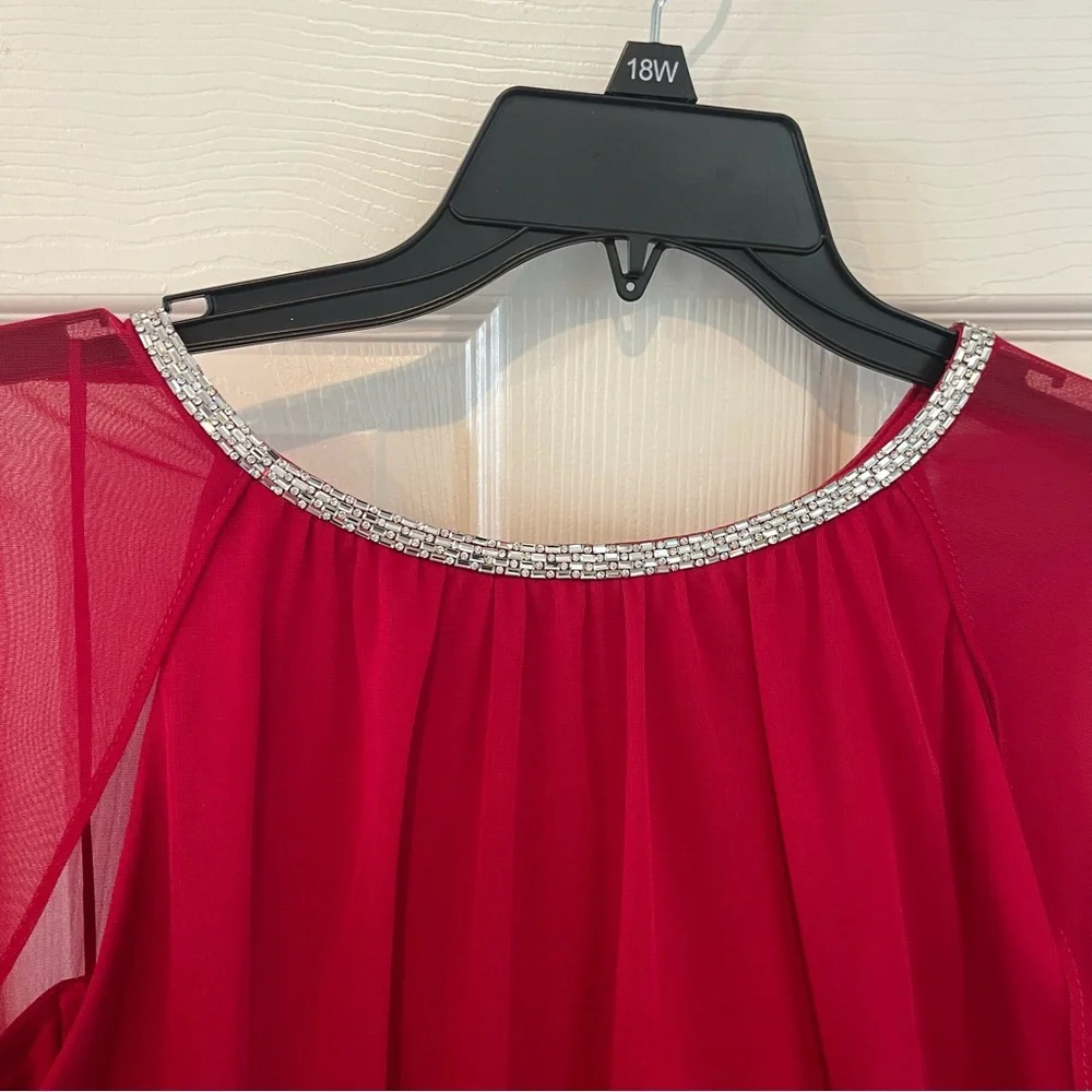 R&M Richards Sheer Cape Vibrant Red Dress with Embellished Trim